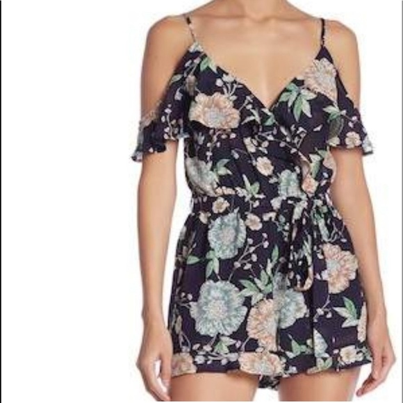 Moon River Women’s Navy Floral Ruffle Belted Shorts Off Shoulder Tank Romper M - Picture 1 of 12
